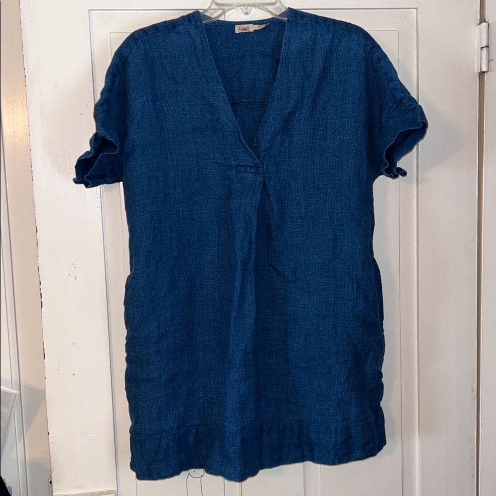 Faherty Womens Sanibel Linen Basketweave Shift Dress Indigo Blue Small Lagenlook